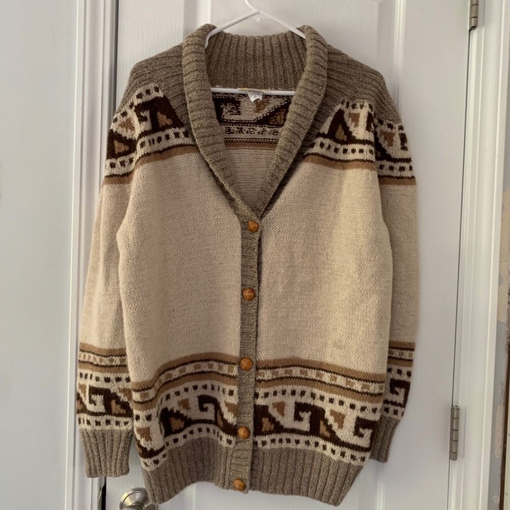 Artesanias Pachamama Alpaca Wool Shawl Collar Cardigan Sweater Peru Large